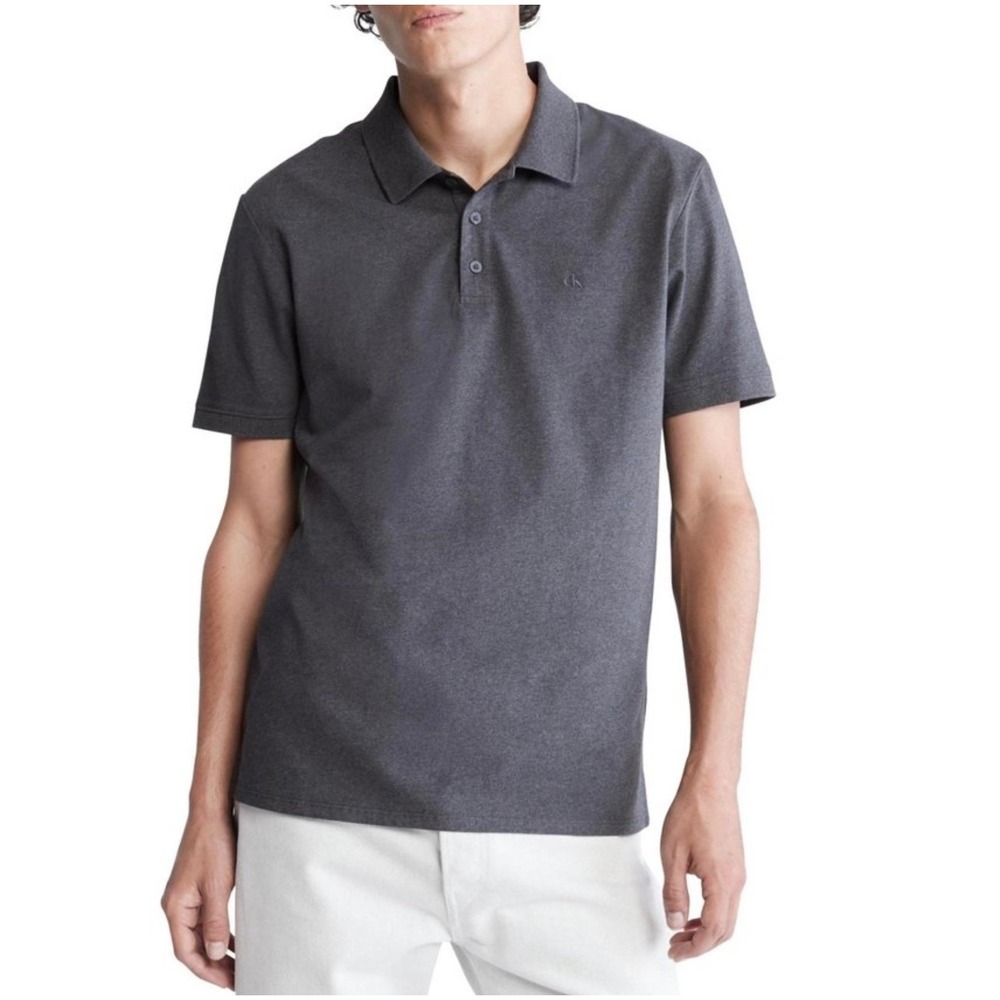 Calvin Klein Men Solid Gray Short Sleeve Button Neck Polo Shirt Size M‎